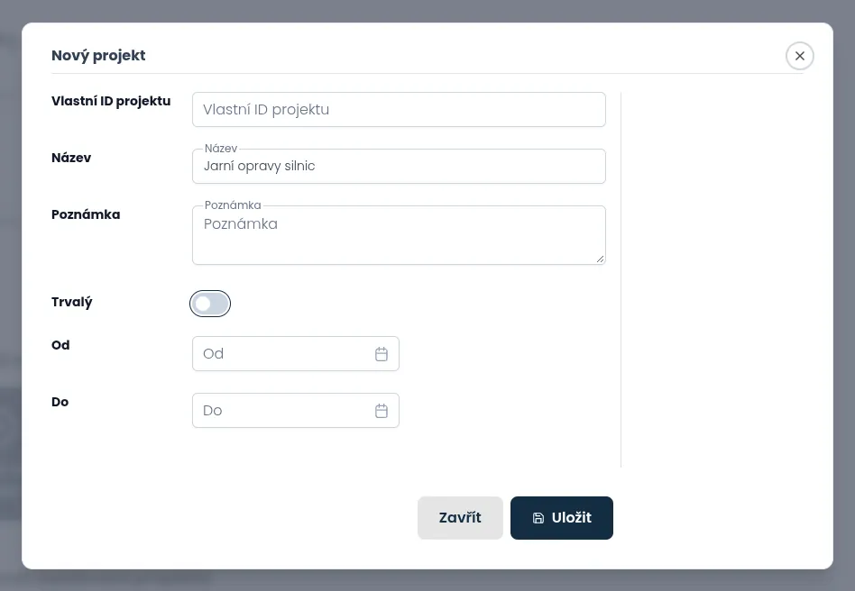 Vyskakovací okno Nový projekt s vypnutou možností Trvalý, takže se zobrazují data Od a Do