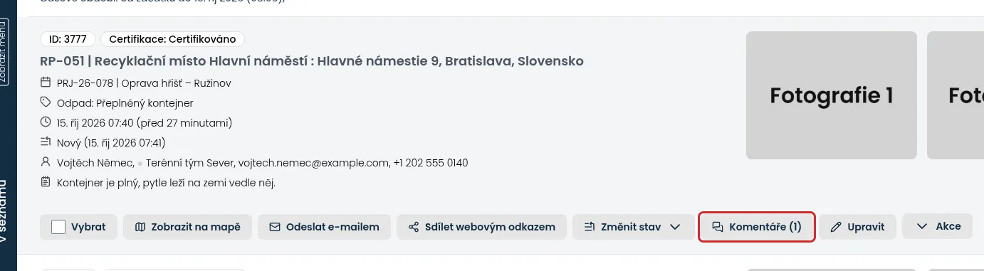 Tlačítka záznamu v seznamu, včetně tlačítek Komentáře a Akce