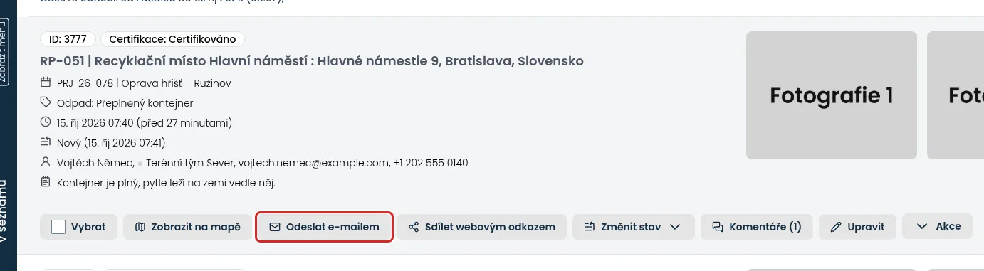 Tlačítka záznamu v seznamu, včetně Odeslat e-mailem a Akce