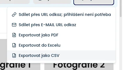 Otevřená nabídka exportu s možnostmi webového odkazu, PDF, Excelu a CSV