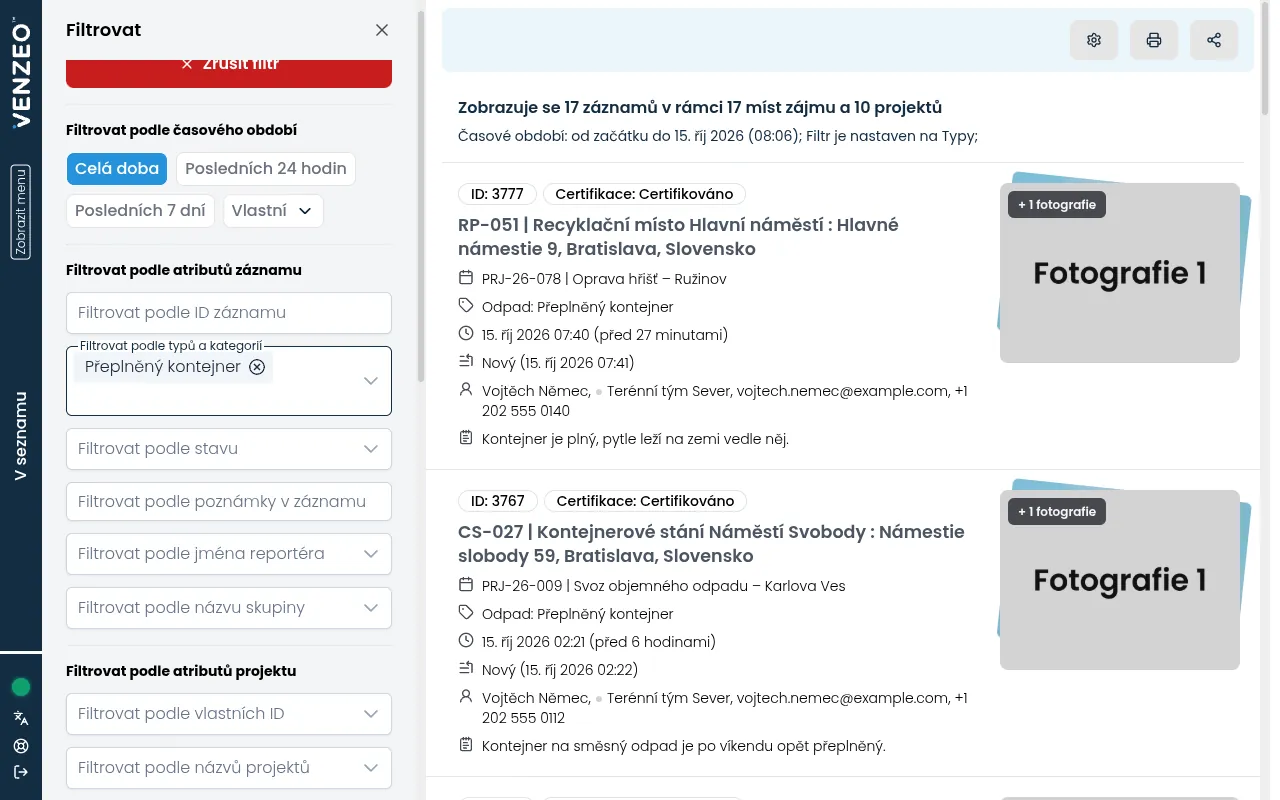 Panel filtru vedle seznamu záznamů s časovým obdobím a atributy záznamu