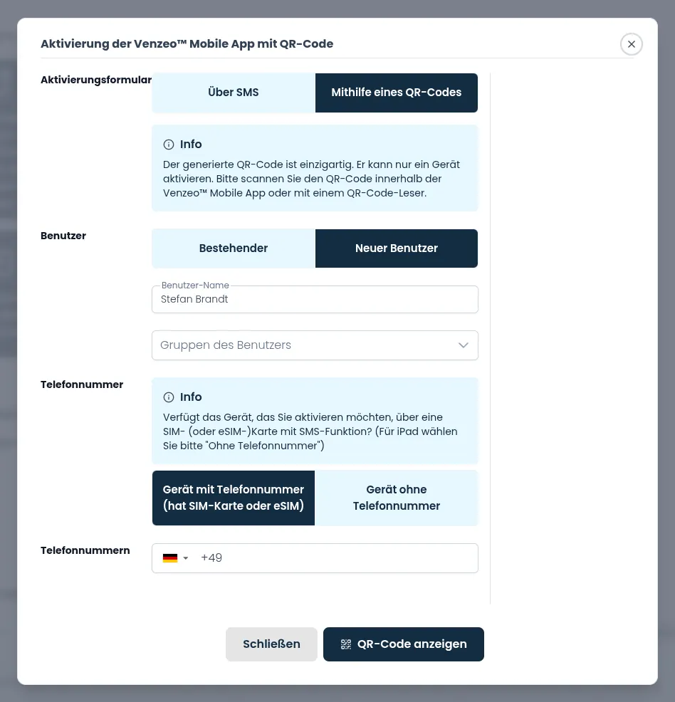 Das Pop-up zur QR-Code-Aktivierung mit ausgewähltem Neuer Benutzer, eingegebenem Namen und der Geräteauswahl
