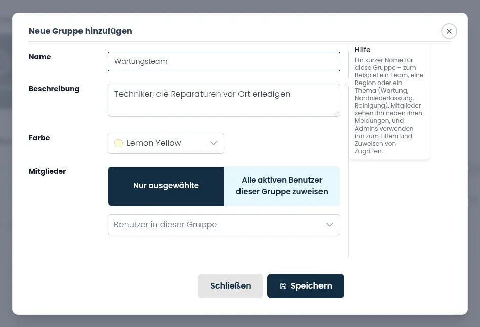 Das Popup Neue Gruppe hinzufügen mit ausgefülltem Namen und Farbe sowie der Auswahl Nur ausgewählte unter Mitglieder