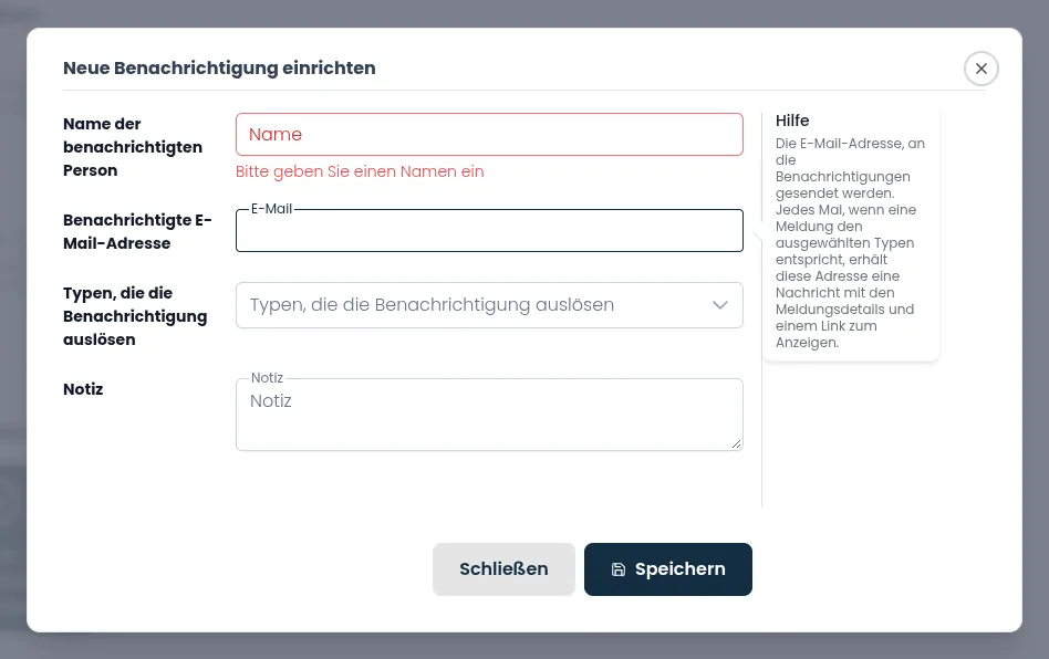 Pop-up „Neue Benachrichtigung einrichten“: Name der Person, E-Mail-Adresse, auslösende Typen und interne Notiz.