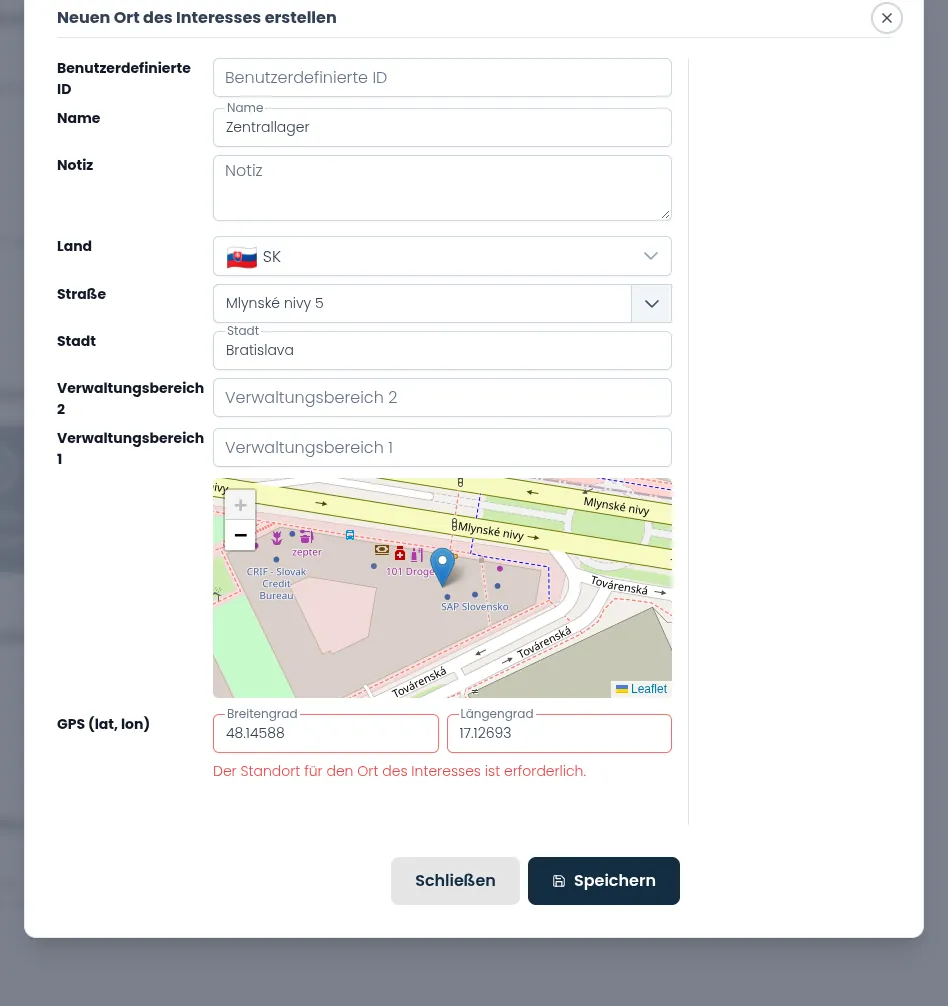 Das Pop-up "Neuen Ort des Interesses erstellen" mit eingetragener Adresse und gesetzter Kartenmarkierung