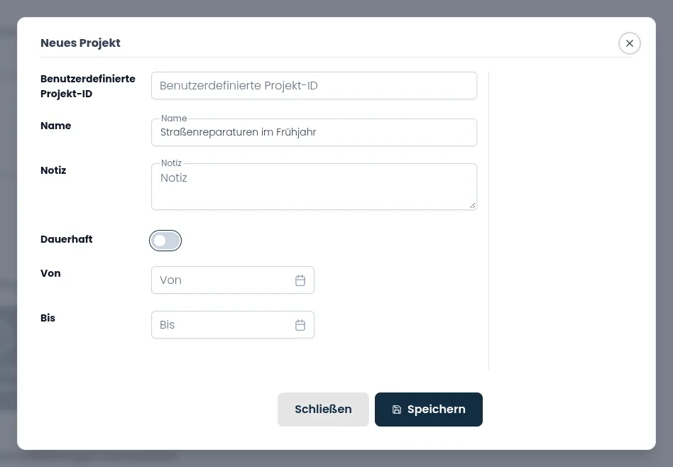 Das Pop-up Neues Projekt mit deaktivierter Option Dauerhaft, sodass die Daten für Von und Bis angezeigt werden