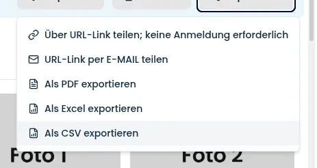 Das geöffnete Exportmenü mit den Optionen für URL-Link, PDF, Excel und CSV