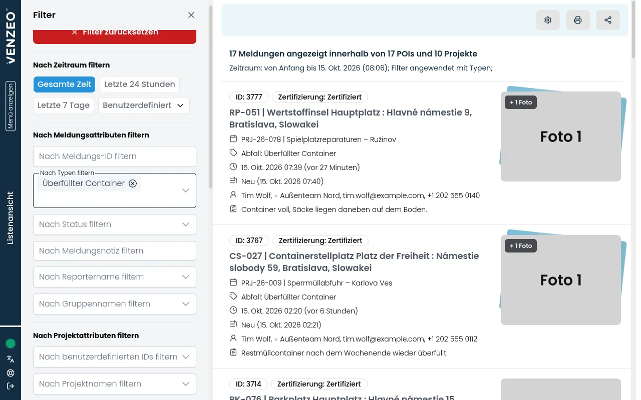 Die Filterleiste neben der Meldungsliste mit dem Zeitraum und den Meldungsattributen