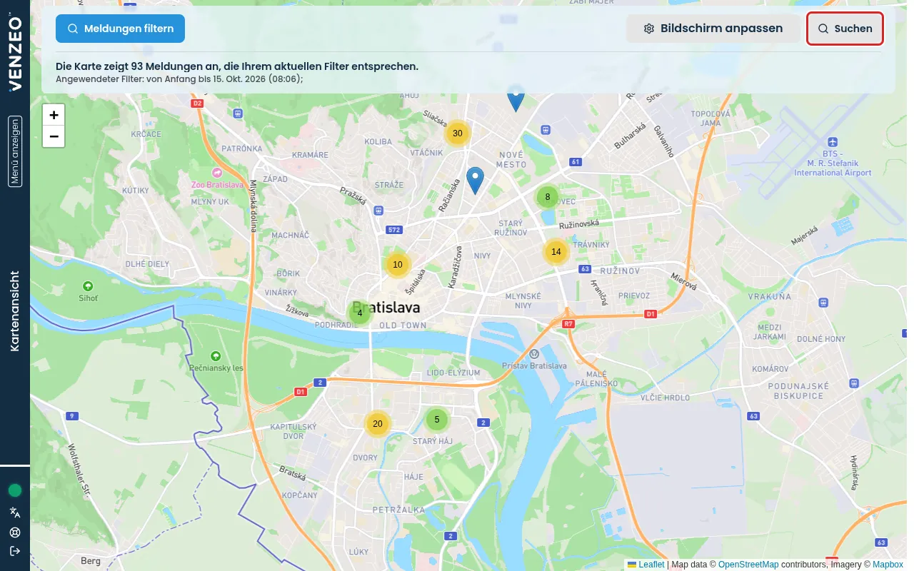 Die Kartenansicht mit Meldungen, die als Stecknadeln an den erfassten Orten dargestellt sind