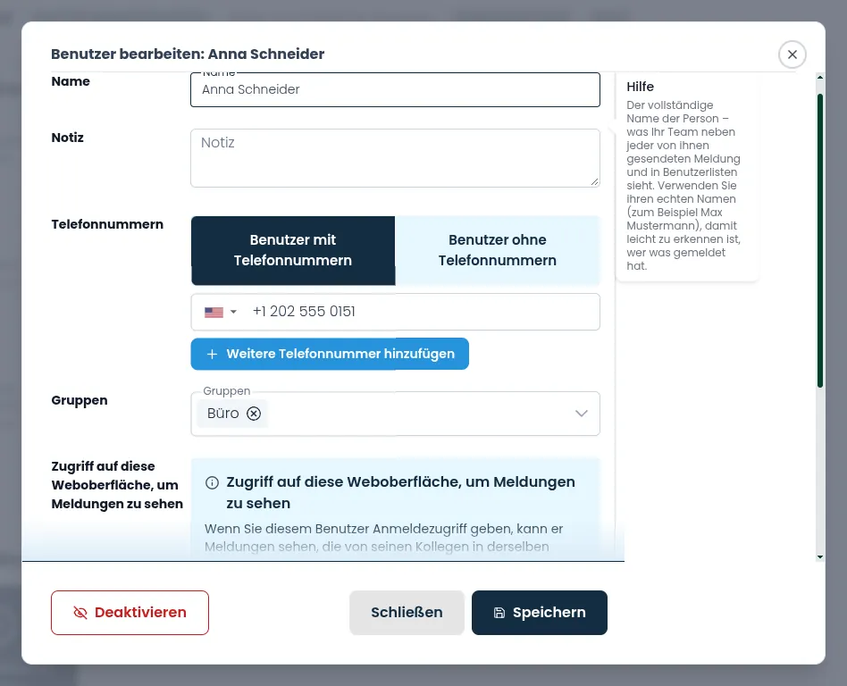 Das Pop-up-Fenster „Benutzer bearbeiten“ für einen Web-Benutzer mit den Schaltflächen „Speichern“ und „Deaktivieren“