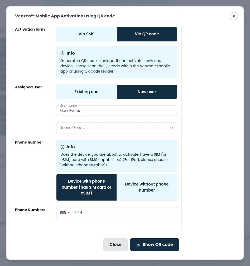 The QR code activation pop-up with New user chosen, a name typed, and the choice between a device with or without a phone number