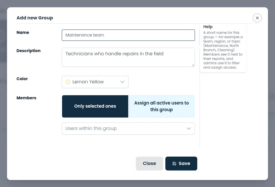The Add new Group pop-up with a name and colour filled in and Only selected ones chosen under Members