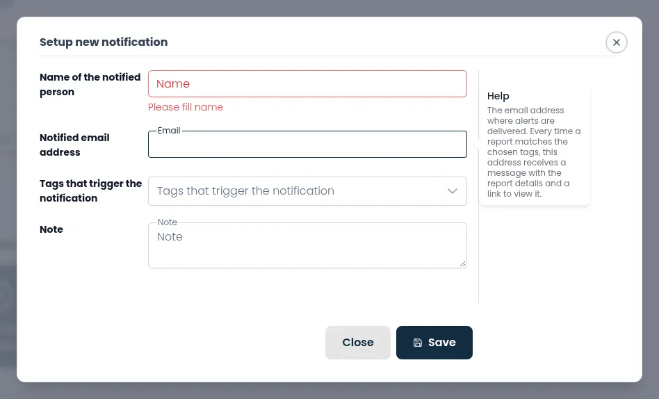 The Setup new notification pop-up: the person's name, email address, the tags that send the alert and an internal note.