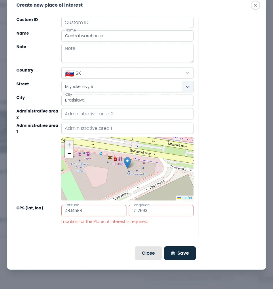 The Create new place of interest pop-up with the address fields and the map