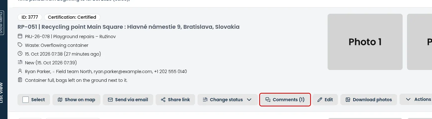 The buttons of a report in the list, including Send via email