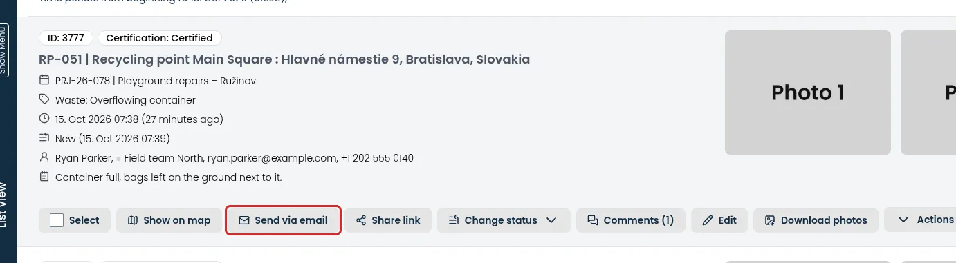 The buttons of a report in the list, including Send via email and Actions