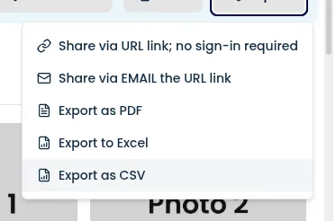 The export menu open, with the URL link, PDF, Excel and CSV options