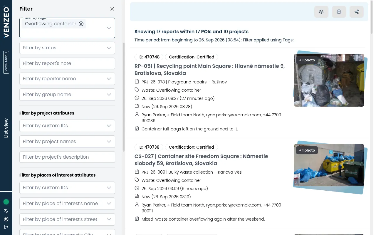 The filter panel open next to the report list