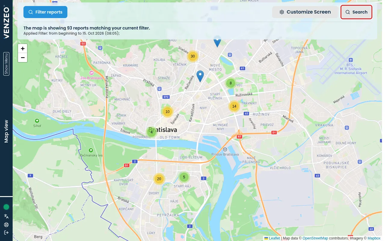 Reports shown as pins in the map view