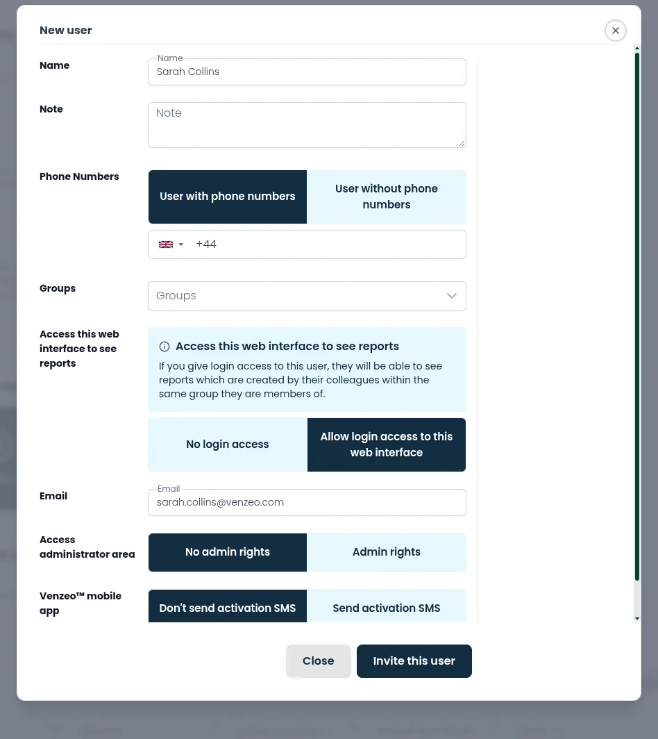 The New user pop-up with Allow login access chosen, which shows the Email and Access administrator area fields