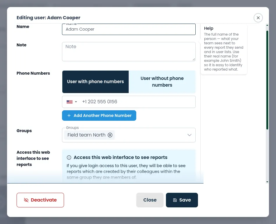 The Editing user pop-up
