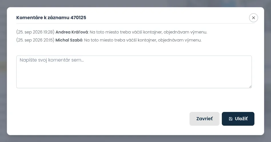 Okno Komentáre k záznamu s predchádzajúcimi komentármi a poľom na komentár
