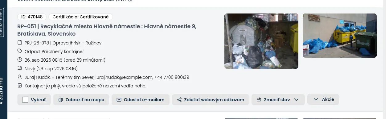 Tlačidlá záznamu v zozname vrátane tlačidla Komentáre
