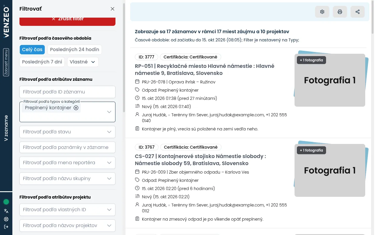 Panel filtra otvorený vedľa zoznamu záznamov